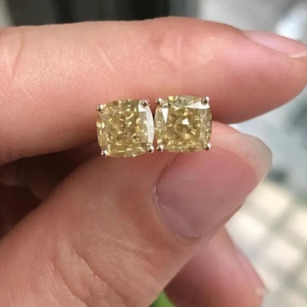 2ct Canary Cushion Cut Studs - Picture 3 of 15